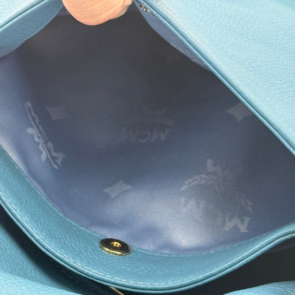 MCM Blue Pebbled Leather Studded Flap Crossbody Messenger Hobo Bag Gold Hardware - Picture 11 of 16